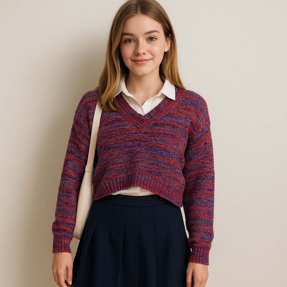 Say What Womens jr chenille knit Sweater  Cropped top stripe long sleeve small